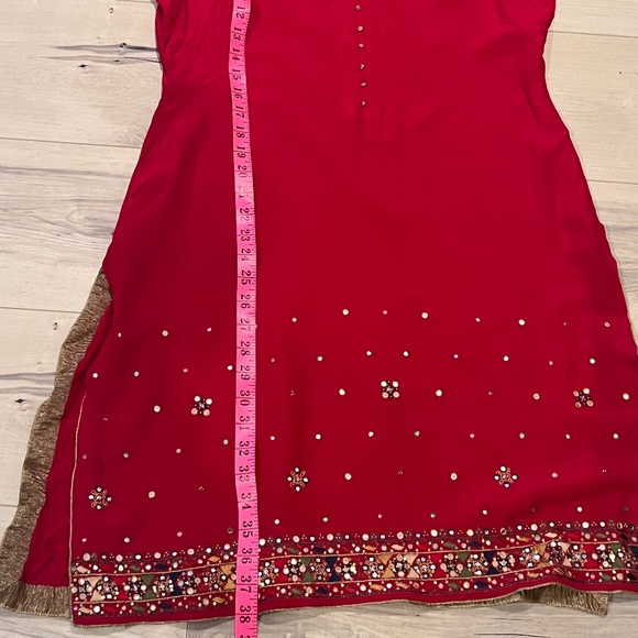 Women’s Indian 3 Piece Red Silk Sequin Top & Pants w Matching Wrap-Large - Picture 12 of 12